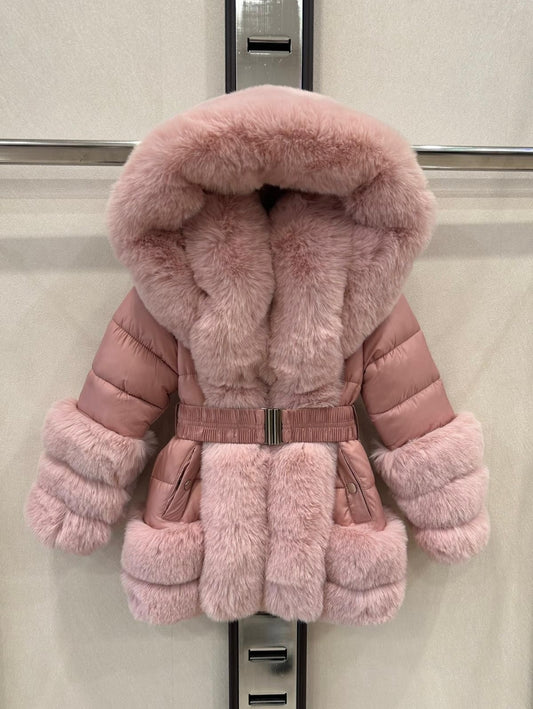 Girls pink fux fur coat with detachable fur