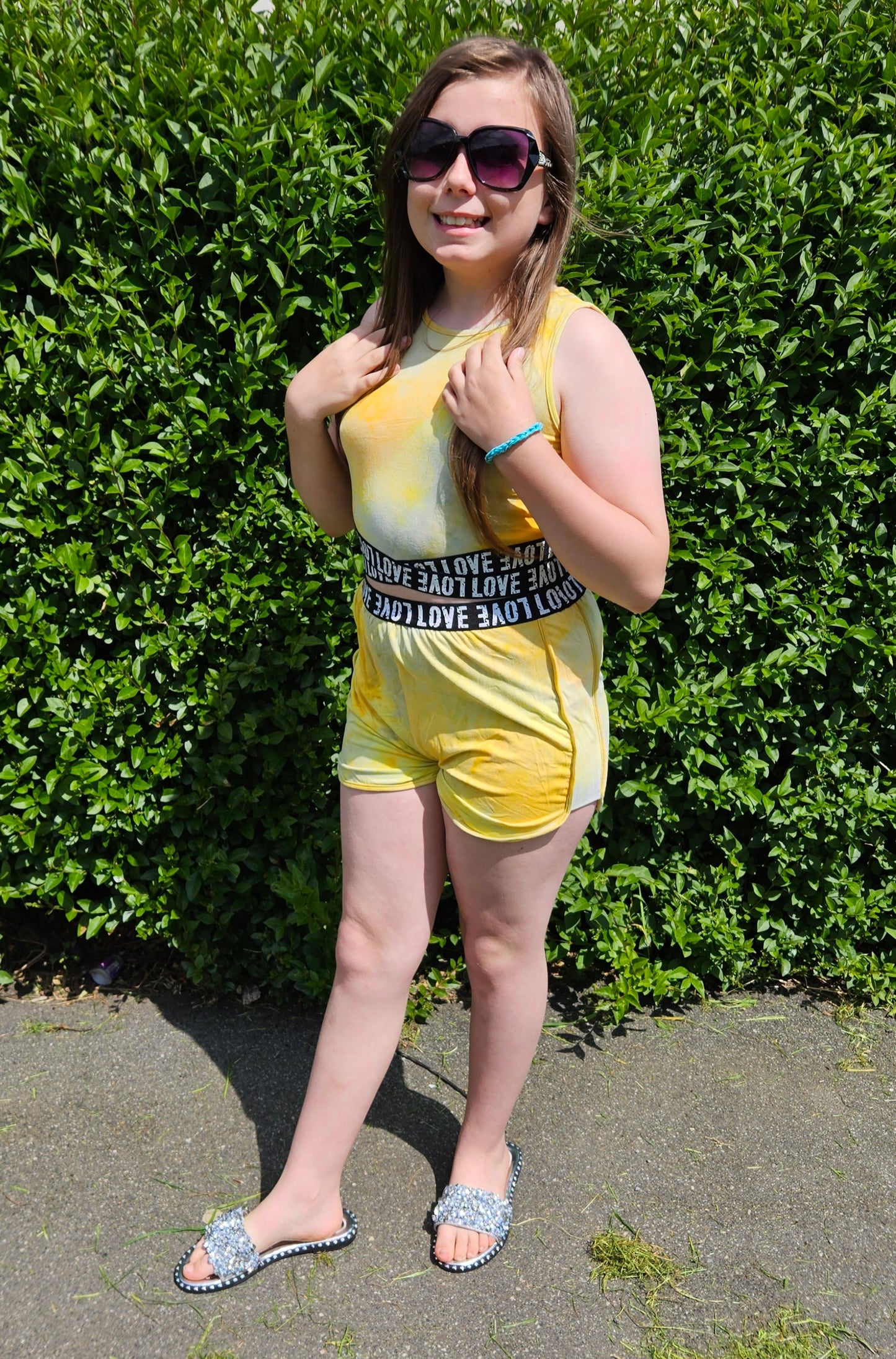 love strap short crop top with black & white 'LOVE' quote motif waistband detail paired with co-ord shorts set