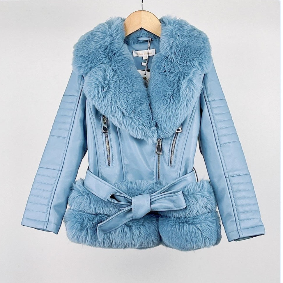 S/Blue Faux Fur Leather Biker Jacket 2-14