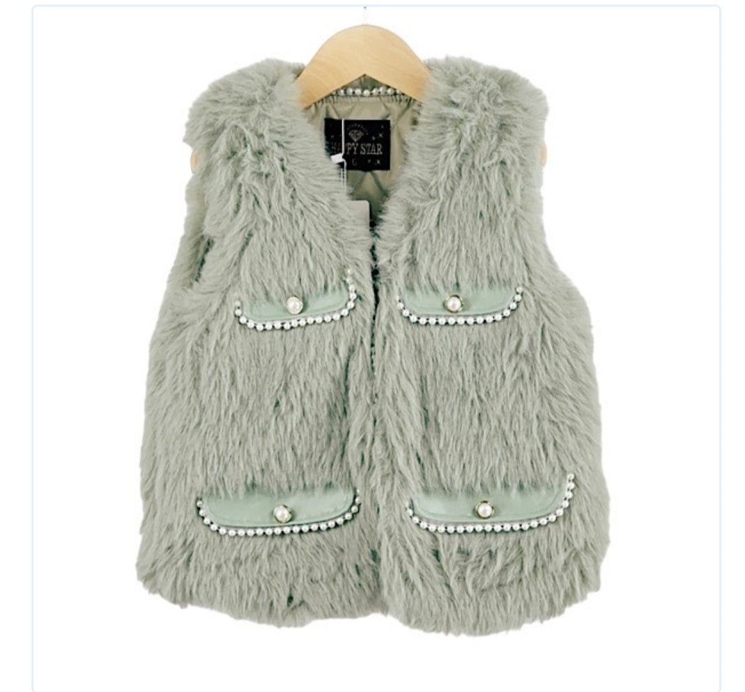 Mint Green Fur Pearl Gilet Jacket 4-14