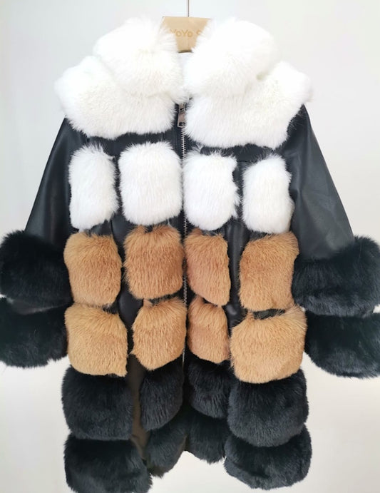 Black Three Tone Contrast Faux Fur Leather Coat 4-14