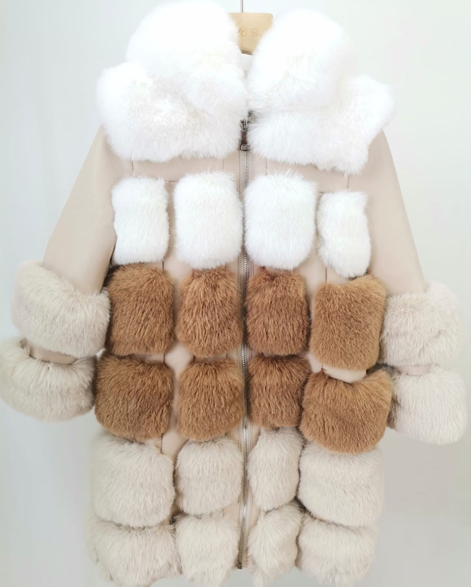 Beige Three Tone Contrast Faux Fur Leather Coat 4-14