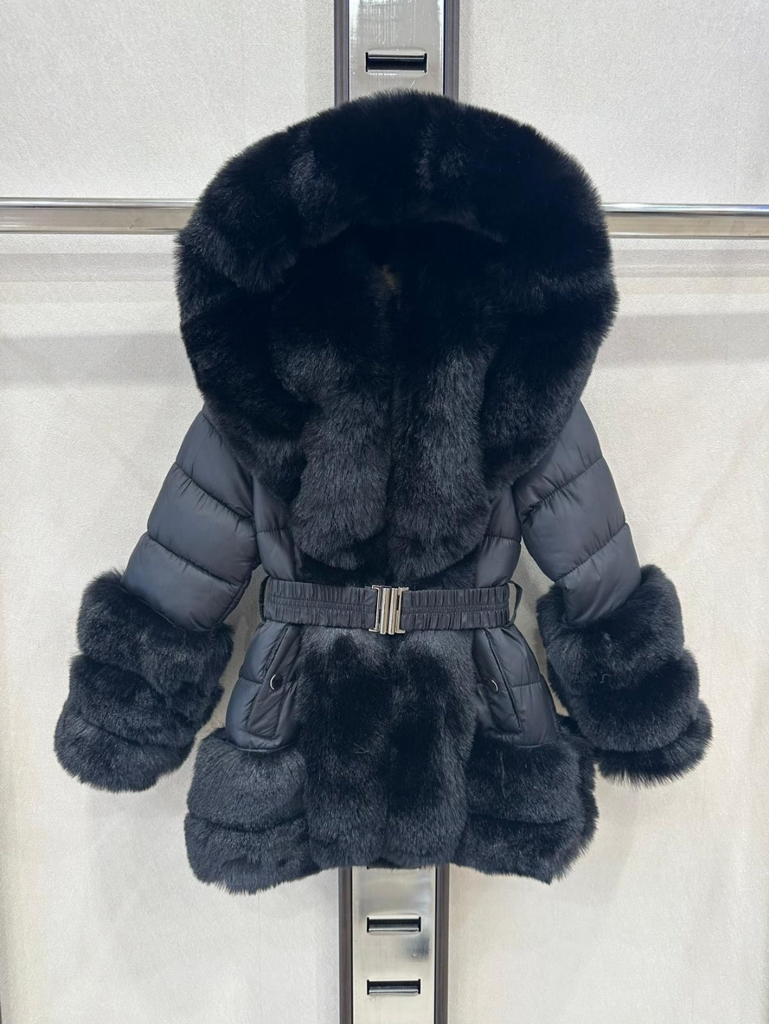 Girls black fux fur coat with detachable fur