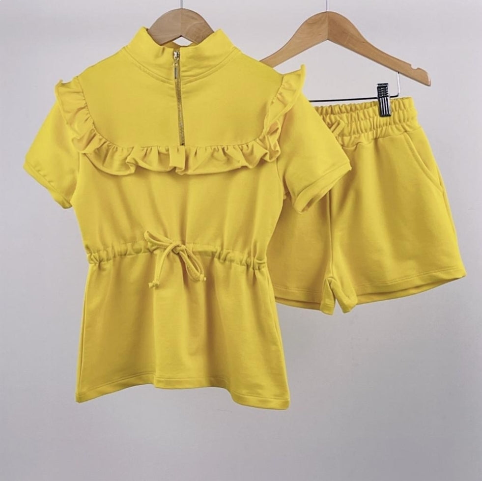 Kids mustard yellow ruffle frill detail half-zip top with drawstring paired with co-ord shorts set