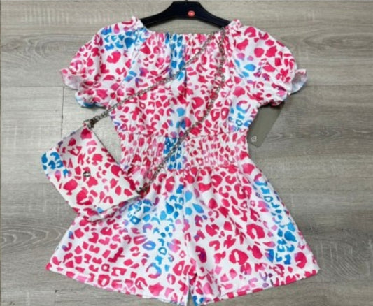 Beautiful pink and blue play suit with hand bag age 4-14