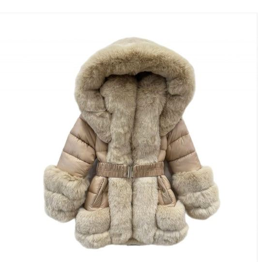 Girls beige fux fur coat with detachable fur