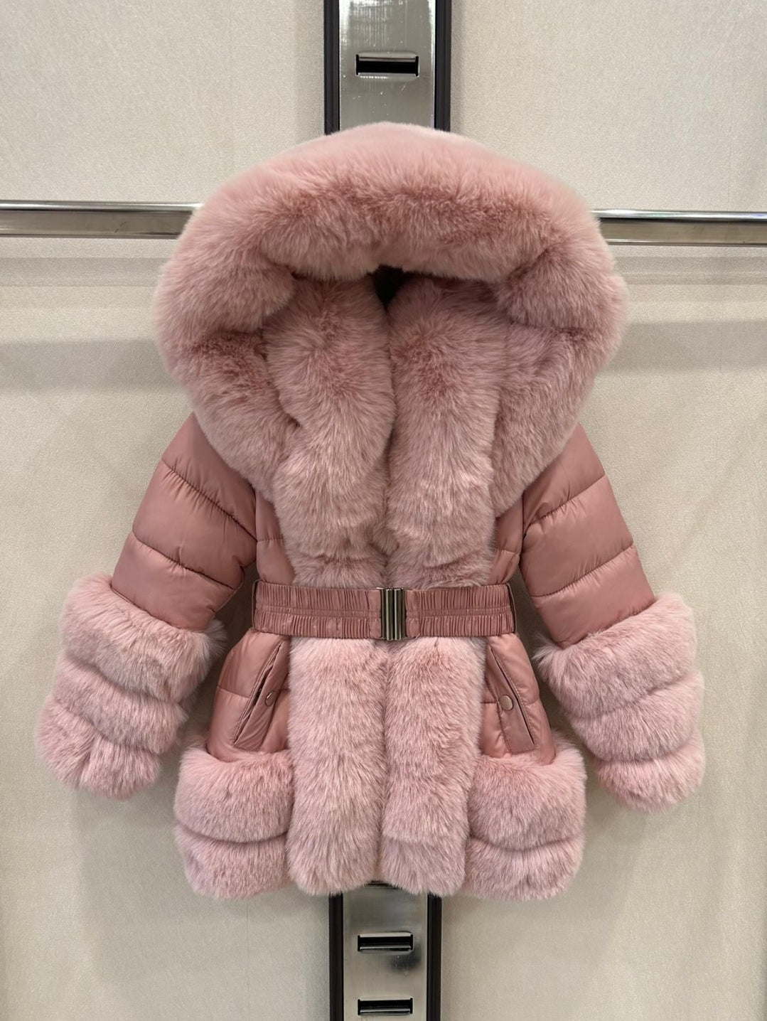 Girls beige fux fur coat with detachable fur