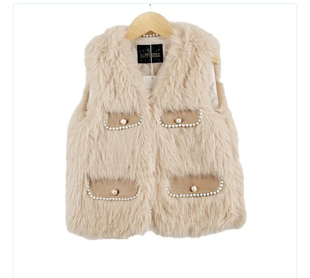 Beige Fur Pearl Gilet Jacket 4-14