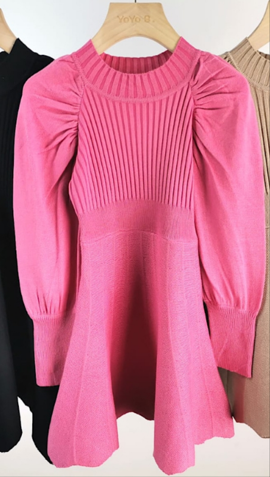 pink Ribbed Puff Sleeve Knitted Dress