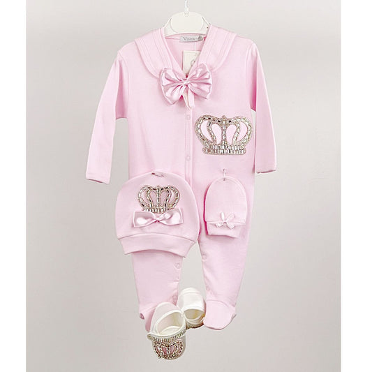 B/Pink Crown Motif 5PC Layette Set 0-9M