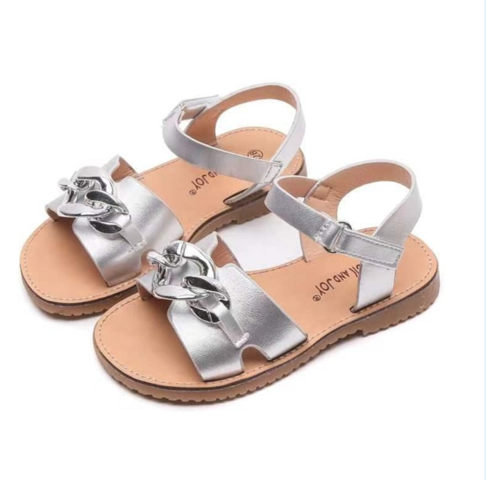 Silver Curb Chain Leather Sandals 31-36 EU