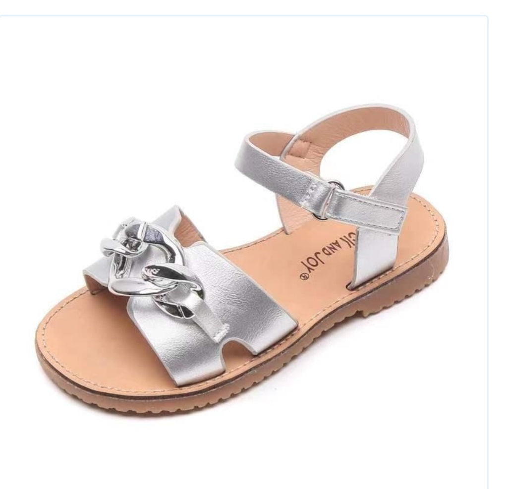 Silver Curb Chain Leather Sandals 31-36 EU