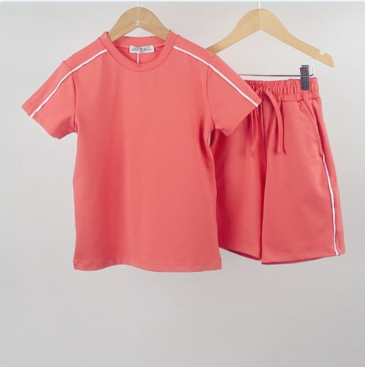 Coral & White Piped T-Shirt & Shorts Set 2-10