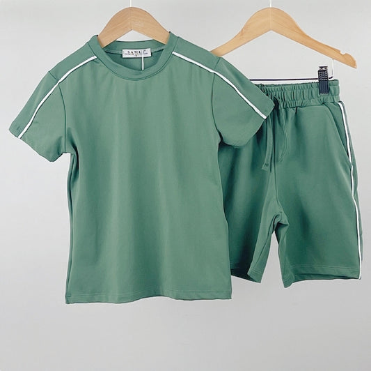 Green & White Piped T-Shirt & Shorts Set 2-10