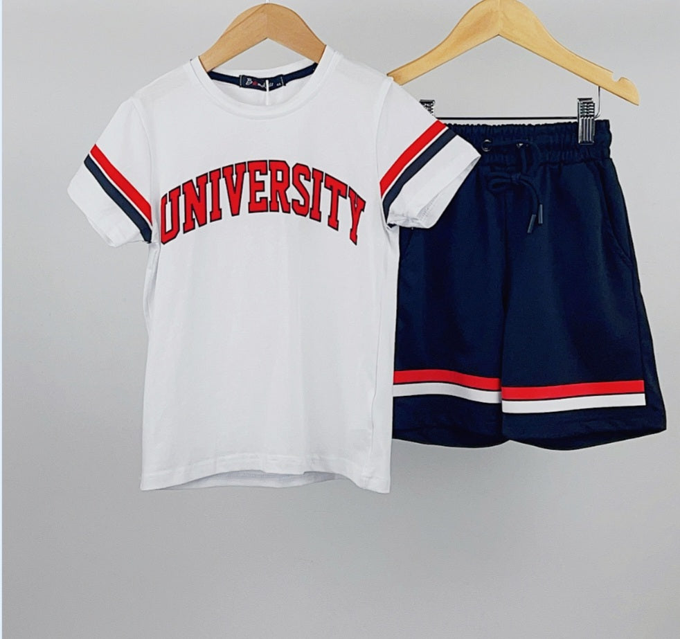 'University' Print T-Shirt & Shorts 2PC Set 4-14