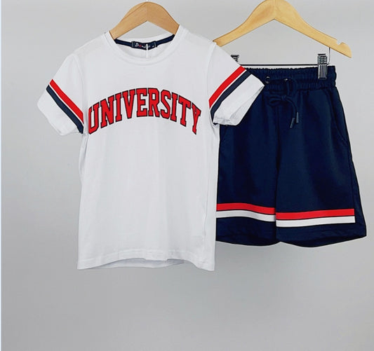 'University' Print T-Shirt & Shorts 2PC Set 4-14