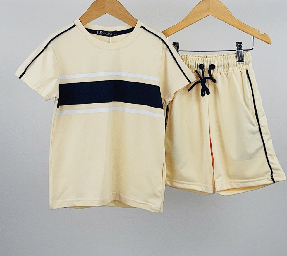 Cream Colour Block Panel T-Shirt & Shorts Set 4-14