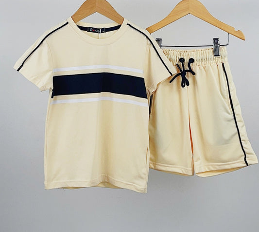 Cream Colour Block Panel T-Shirt & Shorts Set 4-14