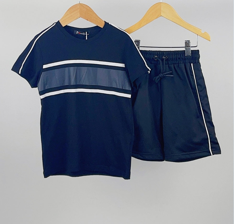 Black Colour Block Panel T-Shirt & Shorts Set 4-14