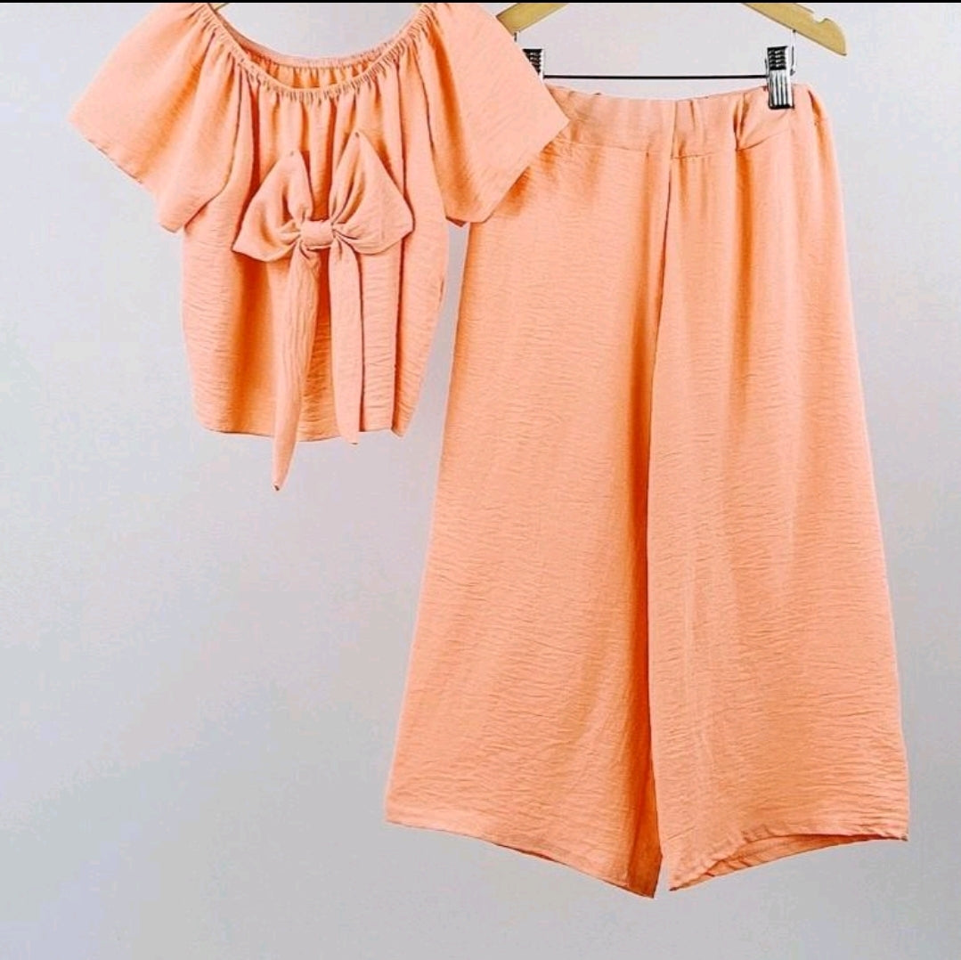 Peach Bow Top & Wide Leg Pants Set 4-14