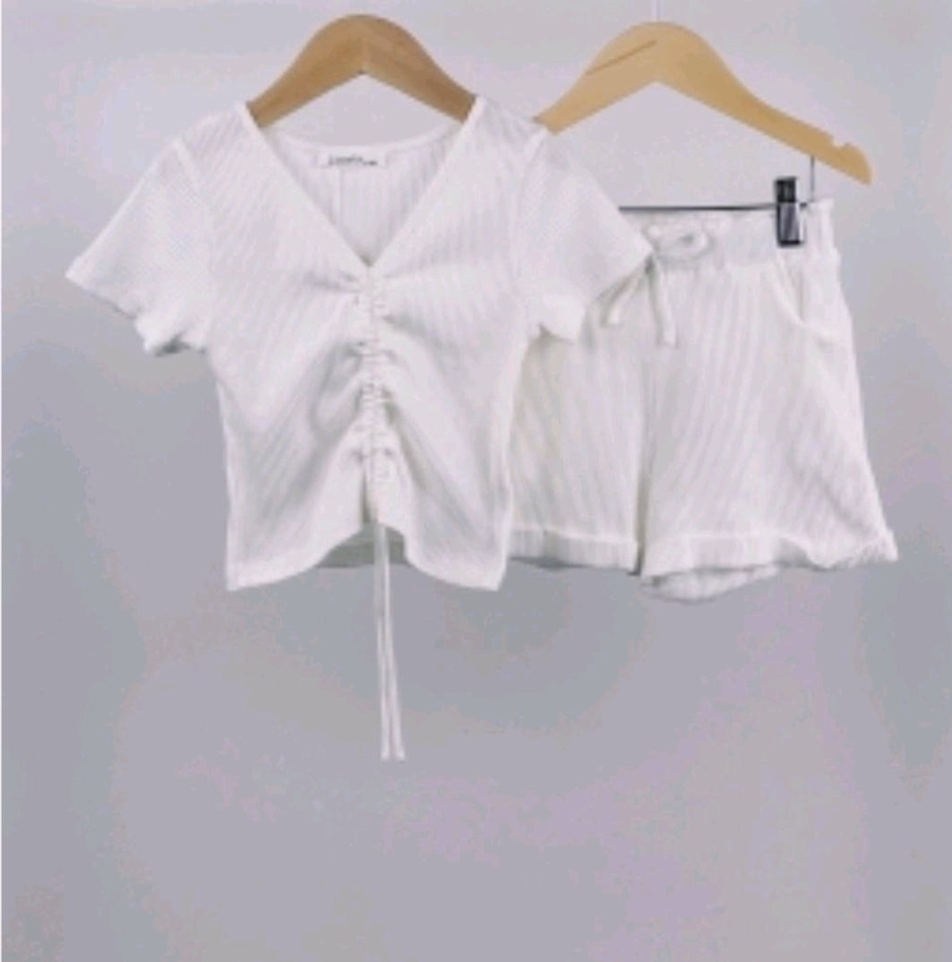 White Gathered Ribbed Top & Shorts Set 4-14