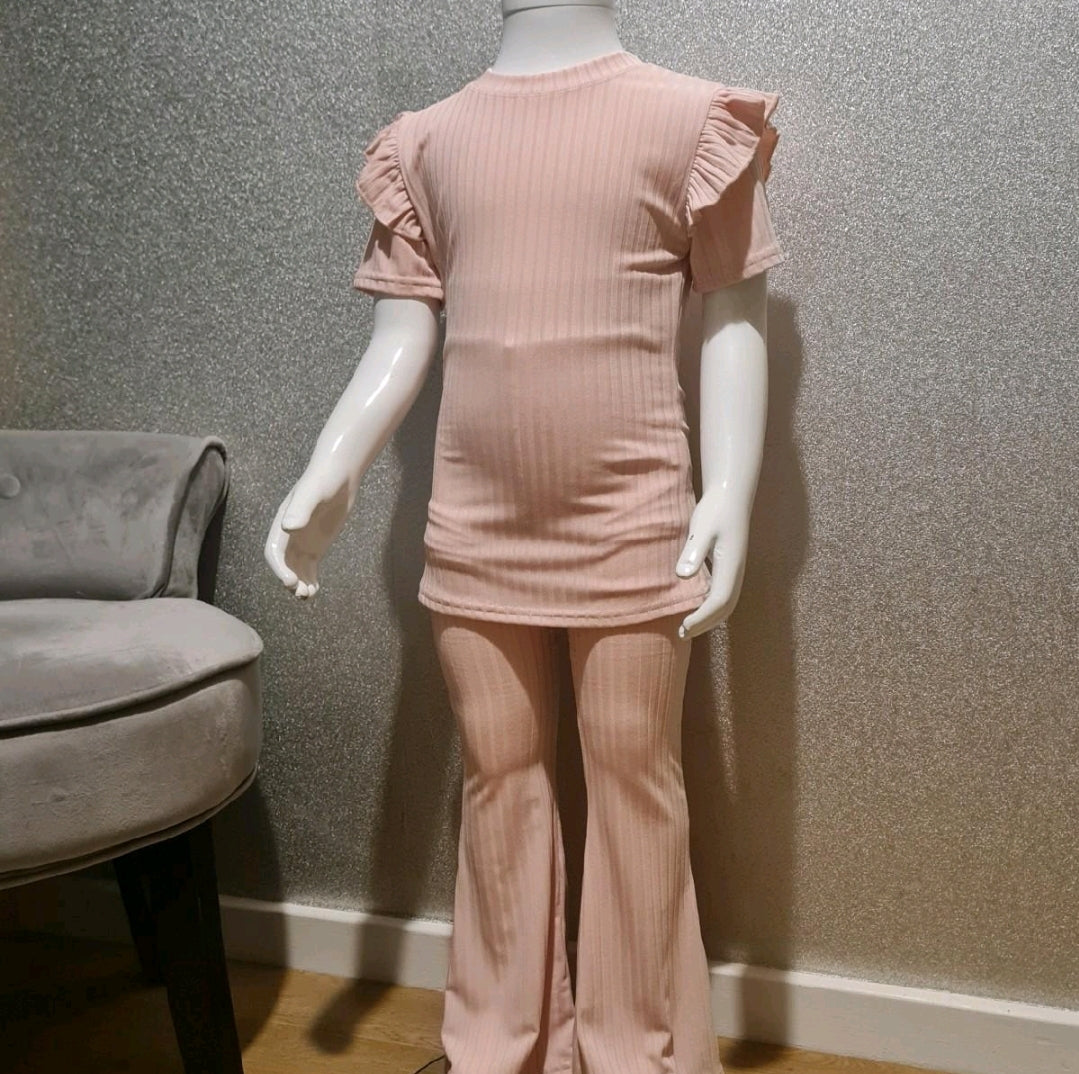 pink wide bottom trousers with short sleeved ruffel shoulder